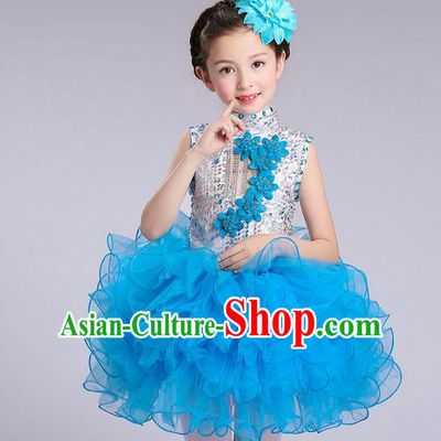 Top Grade Professional Compere Modern Dance Costume, Children Opening Dance Chorus Flowers Uniforms Princess Light Blue Bubble Dress for Girls