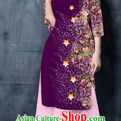 Traditional Top Grade Asian Vietnamese Costumes Classical Printing Purple Cheongsam, Vietnam National Vietnamese Bride Ao Dai Dress for Women