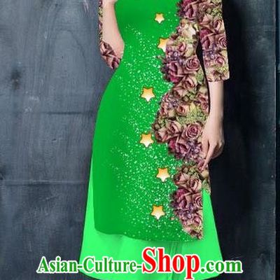 Traditional Top Grade Asian Vietnamese Costumes Classical Printing Green Cheongsam, Vietnam National Vietnamese Bride Ao Dai Dress for Women