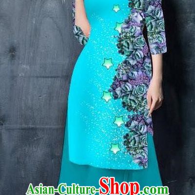 Traditional Top Grade Asian Vietnamese Costumes Classical Printing Blue Cheongsam, Vietnam National Vietnamese Bride Ao Dai Dress for Women