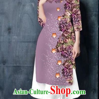 Traditional Top Grade Asian Vietnamese Costumes Classical Printing Lilac Cheongsam, Vietnam National Vietnamese Bride Ao Dai Dress for Women