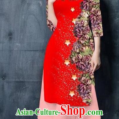 Traditional Top Grade Asian Vietnamese Costumes Classical Printing Red Cheongsam, Vietnam National Vietnamese Bride Ao Dai Dress for Women