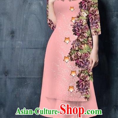 Traditional Top Grade Asian Vietnamese Costumes Classical Printing Pink Cheongsam, Vietnam National Vietnamese Bride Ao Dai Dress for Women