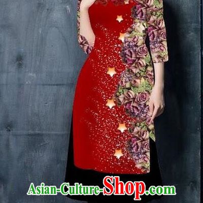 Traditional Top Grade Asian Vietnamese Costumes Classical Printing Wine Red Cheongsam, Vietnam National Vietnamese Bride Ao Dai Dress for Women