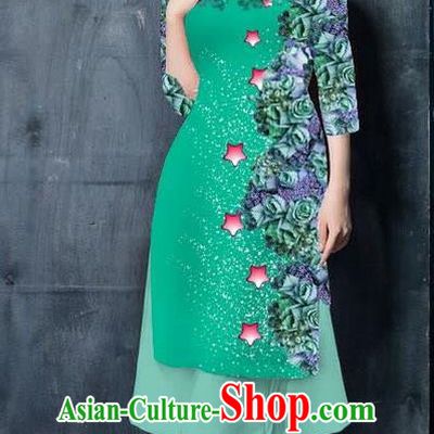 Traditional Top Grade Asian Vietnamese Costumes Classical Printing Light Green Cheongsam, Vietnam National Vietnamese Bride Ao Dai Dress for Women