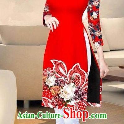 Traditional Top Grade Asian Vietnamese Costumes Classical Printing Red Short Cheongsam, Vietnam National Vietnamese Ao Dai Dress for Women