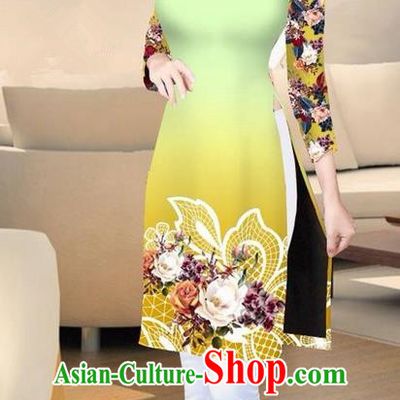 Traditional Top Grade Asian Vietnamese Costumes Classical Printing Green Short Cheongsam, Vietnam National Vietnamese Ao Dai Dress for Women