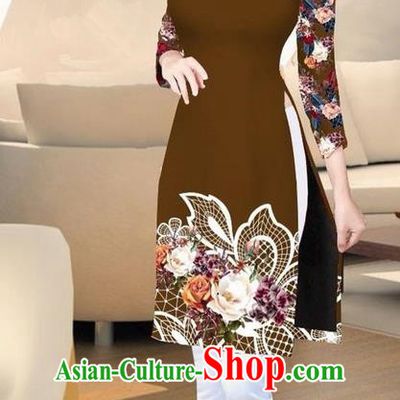 Traditional Top Grade Asian Vietnamese Costumes Classical Printing Brown Short Cheongsam, Vietnam National Vietnamese Ao Dai Dress for Women