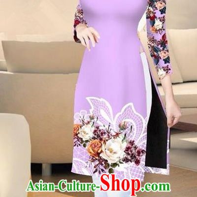 Traditional Top Grade Asian Vietnamese Costumes Classical Printing Lilac Short Cheongsam, Vietnam National Vietnamese Ao Dai Dress for Women