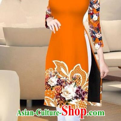 Traditional Top Grade Asian Vietnamese Costumes Classical Printing Orange Short Cheongsam, Vietnam National Vietnamese Ao Dai Dress for Women