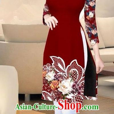 Traditional Top Grade Asian Vietnamese Costumes Classical Printing Purplish Red Short Cheongsam, Vietnam National Vietnamese Ao Dai Dress for Women