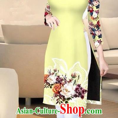 Traditional Top Grade Asian Vietnamese Costumes Classical Printing Yellow Short Cheongsam, Vietnam National Vietnamese Ao Dai Dress for Women