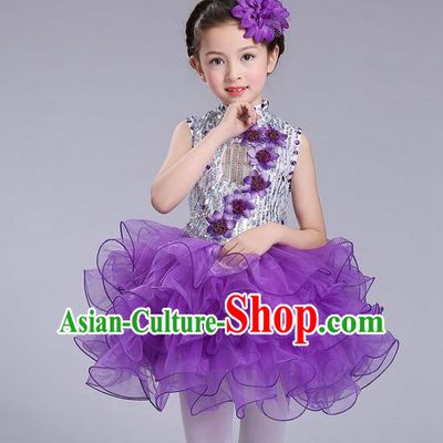 Top Grade Professional Compere Modern Dance Costume, Children Opening Dance Chorus Flowers Uniforms Princess Purple Bubble Dress for Girls