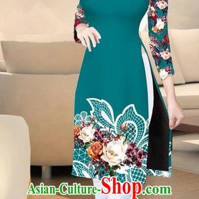 Traditional Top Grade Asian Vietnamese Costumes Classical Printing Peacock Green Short Cheongsam, Vietnam National Vietnamese Ao Dai Dress for Women