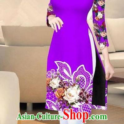 Traditional Top Grade Asian Vietnamese Costumes Classical Printing Purple Short Cheongsam, Vietnam National Vietnamese Ao Dai Dress for Women