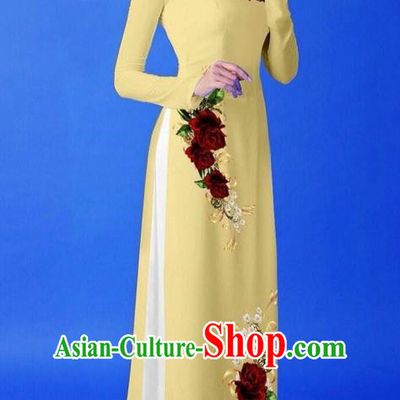 Traditional Top Grade Asian Vietnamese Costumes Classical 3D Printing Yellow Long Cheongsam, Vietnam National Vietnamese Princess Ao Dai Dress for Women