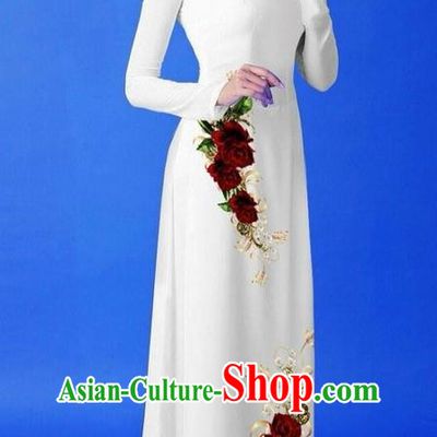 Traditional Top Grade Asian Vietnamese Costumes Classical 3D Printing White Long Cheongsam, Vietnam National Vietnamese Princess Ao Dai Dress for Women