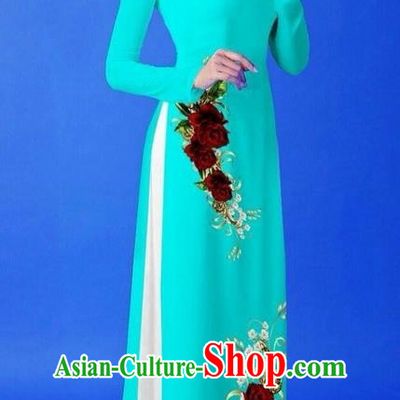 Traditional Top Grade Asian Vietnamese Costumes Classical 3D Printing Blue Long Cheongsam, Vietnam National Vietnamese Princess Ao Dai Dress for Women