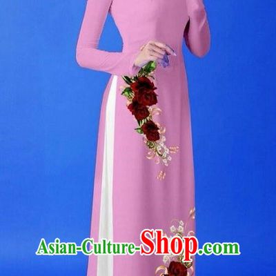 Traditional Top Grade Asian Vietnamese Costumes Classical 3D Printing Pink Long Cheongsam, Vietnam National Vietnamese Princess Ao Dai Dress for Women