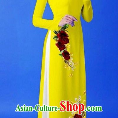 Traditional Top Grade Asian Vietnamese Costumes Classical 3D Printing Bright Yellow Long Cheongsam, Vietnam National Vietnamese Princess Ao Dai Dress for Women