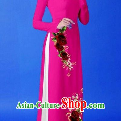 Traditional Top Grade Asian Vietnamese Costumes Classical 3D Printing Rosy Long Cheongsam, Vietnam National Vietnamese Princess Ao Dai Dress for Women
