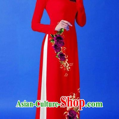 Traditional Top Grade Asian Vietnamese Costumes Classical 3D Printing Red Long Cheongsam, Vietnam National Vietnamese Princess Ao Dai Dress for Women