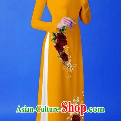 Traditional Top Grade Asian Vietnamese Costumes Classical 3D Printing Ginger Long Cheongsam, Vietnam National Vietnamese Princess Ao Dai Dress for Women