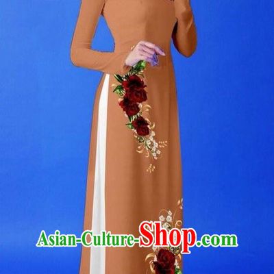 Traditional Top Grade Asian Vietnamese Costumes Classical 3D Printing Coffee Long Cheongsam, Vietnam National Vietnamese Princess Ao Dai Dress for Women