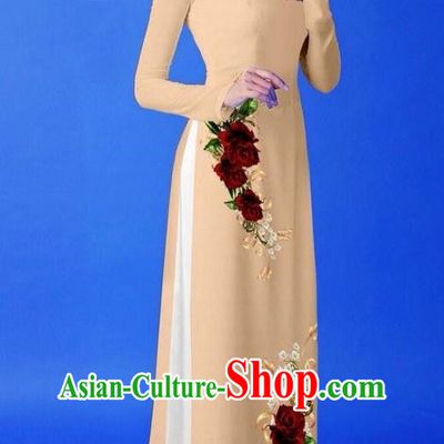 Traditional Top Grade Asian Vietnamese Costumes Classical 3D Printing Khaki Long Cheongsam, Vietnam National Vietnamese Princess Ao Dai Dress for Women