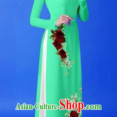 Traditional Top Grade Asian Vietnamese Costumes Classical 3D Printing Green Long Cheongsam, Vietnam National Vietnamese Princess Ao Dai Dress for Women