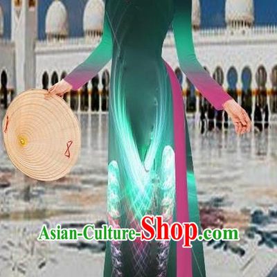 Top Grade Asian Vietnamese Costumes Classical 3D Printing Green Long Cheongsam, Vietnam National Vietnamese Traditional Princess Ao Dai Dress for Women
