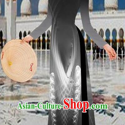 Top Grade Asian Vietnamese Costumes Classical 3D Printing Black Long Cheongsam, Vietnam National Vietnamese Traditional Princess Ao Dai Dress for Women