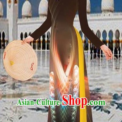 Top Grade Asian Vietnamese Costumes Classical 3D Printing Brown Long Cheongsam, Vietnam National Vietnamese Traditional Princess Ao Dai Dress for Women