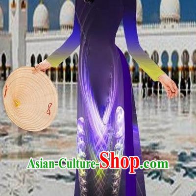 Top Grade Asian Vietnamese Costumes Classical 3D Printing Purple Long Cheongsam, Vietnam National Vietnamese Traditional Princess Ao Dai Dress for Women