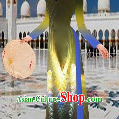 Top Grade Asian Vietnamese Costumes Classical 3D Printing Olive Green Long Cheongsam, Vietnam National Vietnamese Traditional Princess Ao Dai Dress for Women