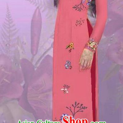 Top Grade Asian Vietnamese Costumes Classical Jing Nationality Printing Watermelon Red Cheongsam, Vietnam National Vietnamese Traditional Princess Ao Dai Dress for Women