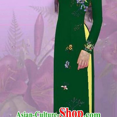 Top Grade Asian Vietnamese Costumes Classical Jing Nationality Printing Deep Green Cheongsam, Vietnam National Vietnamese Traditional Princess Ao Dai Dress for Women