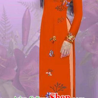 Top Grade Asian Vietnamese Costumes Classical Jing Nationality Printing Orange Cheongsam, Vietnam National Vietnamese Traditional Princess Ao Dai Dress for Women