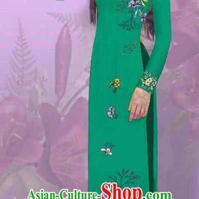 Top Grade Asian Vietnamese Costumes Classical Jing Nationality Printing Green Cheongsam, Vietnam National Vietnamese Traditional Princess Ao Dai Dress for Women