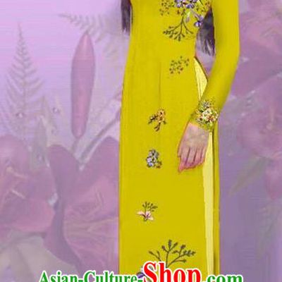 Top Grade Asian Vietnamese Costumes Classical Jing Nationality Printing Ginger Cheongsam, Vietnam National Vietnamese Traditional Princess Ao Dai Dress for Women