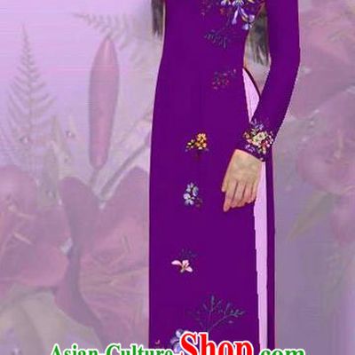 Top Grade Asian Vietnamese Costumes Classical Jing Nationality Printing Amaranth Cheongsam, Vietnam National Vietnamese Traditional Princess Ao Dai Dress for Women