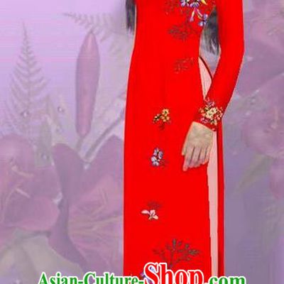 Top Grade Asian Vietnamese Costumes Classical Jing Nationality Printing Red Cheongsam, Vietnam National Vietnamese Traditional Princess Ao Dai Dress for Women