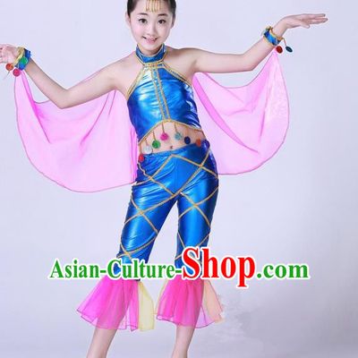 Top Grade Professional Compere Modern Dance Costume, Children Opening Dance Chorus Fish Dance Uniforms Blue Clothing Complete Set for Girls