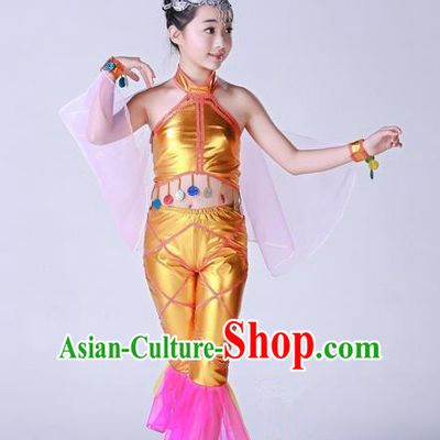Top Grade Professional Compere Modern Dance Costume, Children Opening Dance Chorus Fish Dance Uniforms Golden Clothing Complete Set for Girls