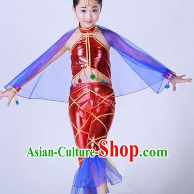 Top Grade Professional Compere Modern Dance Costume, Children Opening Dance Chorus Fish Dance Uniforms Red Clothing Complete Set for Girls