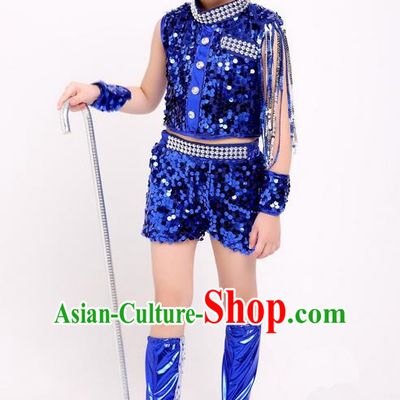 Top Grade Professional Compere Modern Dance Costume, Children Jazz Dance Chorus Uniforms Blue Clothing Complete Set for Girls
