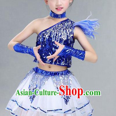 Top Grade Professional Compere Modern Dance Costume, Children Jazz Dance Latin Dance Uniforms Blue Clothing Complete Set for Girls