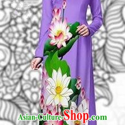 Traditional Top Grade Asian Vietnamese Costumes Classical Printing Lotus Cheongsam, Vietnam National Vietnamese Young Lady Miss Etiquette Lilac Ao Dai Dress