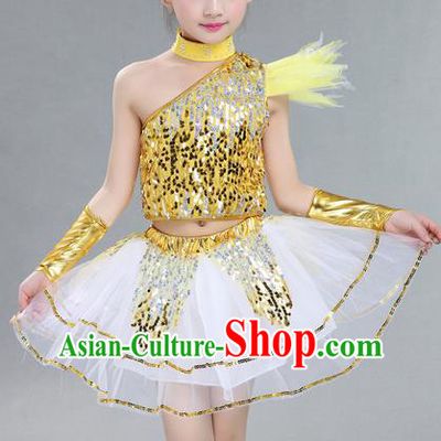 Top Grade Professional Compere Modern Dance Costume, Children Jazz Dance Latin Dance Uniforms Golden Clothing Complete Set for Girls