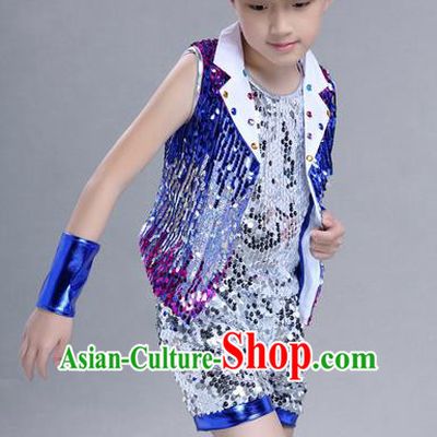 Top Grade Professional Compere Modern Dance Costume, Children Jazz Dance Latin Dance Uniforms Blue Clothing Complete Set for Boys